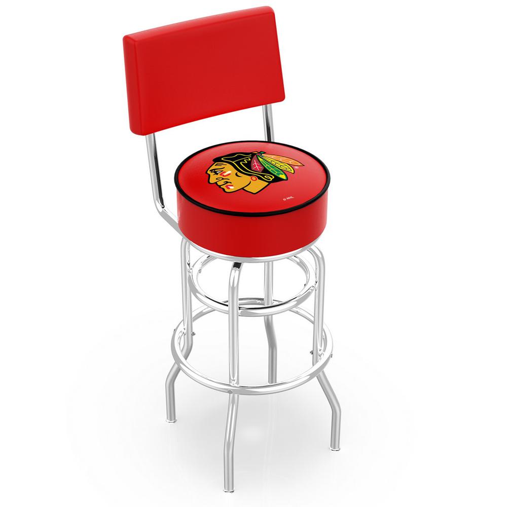 30" L7C4 - Chrome Double Ring Chicago Blackhawks Swivel Bar Stool with a Back by Holland Bar Stool Company. Picture 1