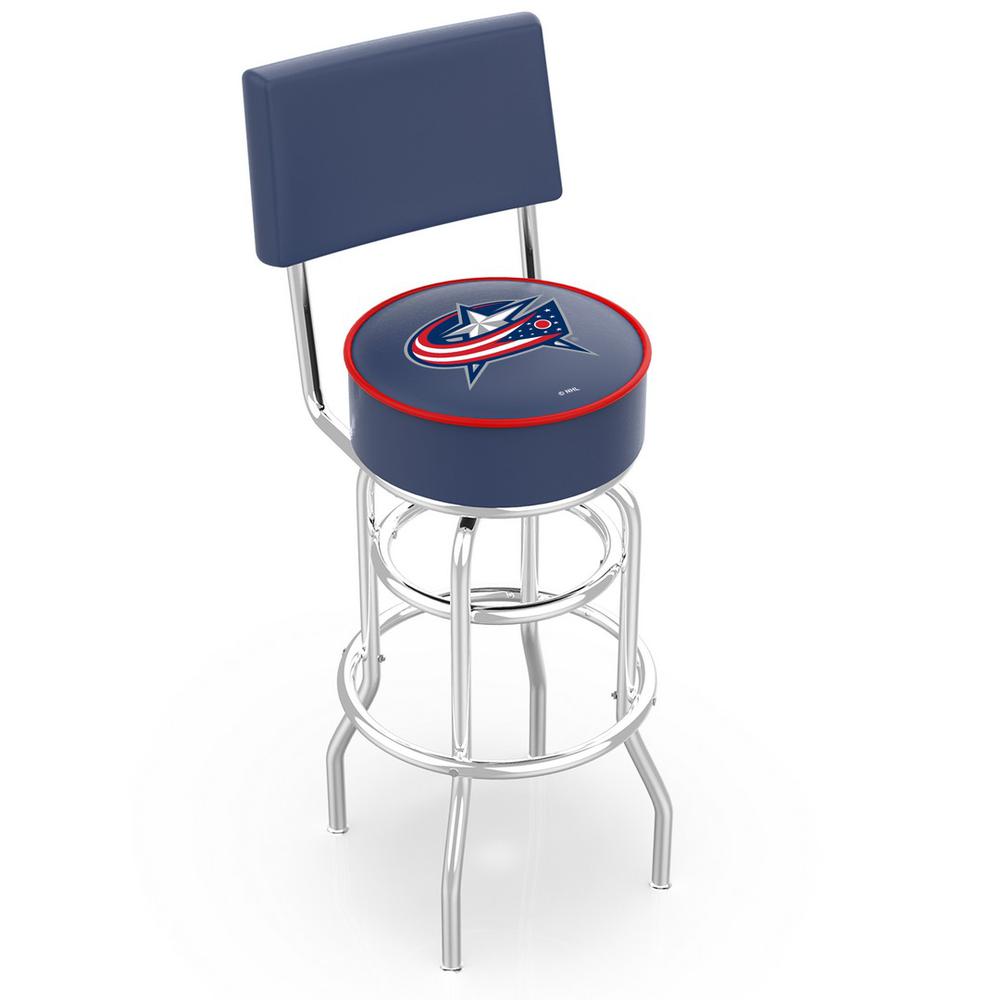 30" L7C4 - Chrome Double Ring Columbus Blue Jackets Swivel Bar Stool with a Back by Holland Bar Stool Company. Picture 1