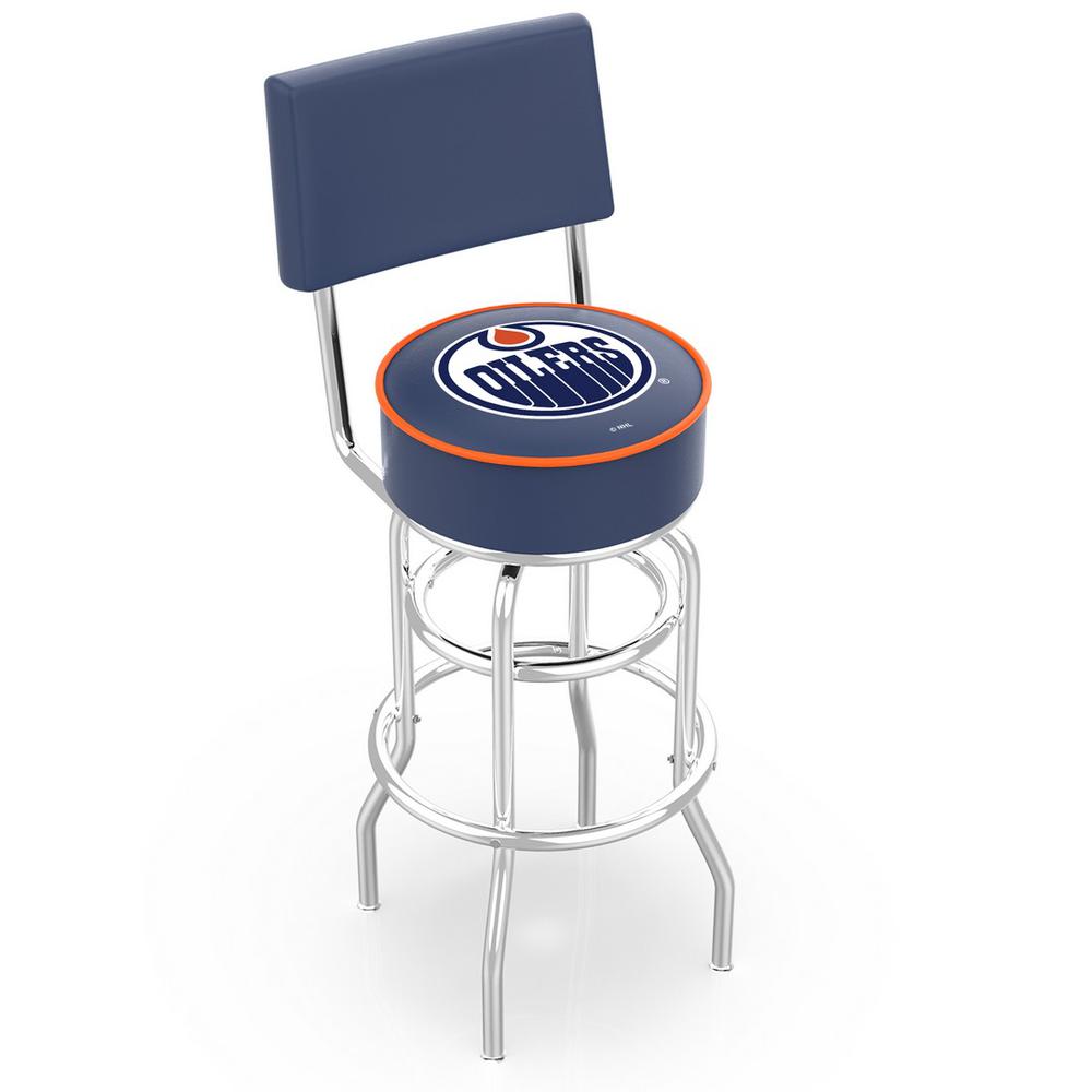 30" L7C4 - Chrome Double Ring Edmonton Oilers Swivel Bar Stool with a Back by Holland Bar Stool Company. Picture 1