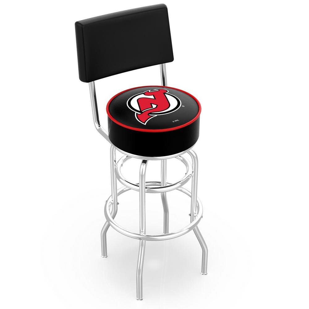 30" L7C4 - Chrome Double Ring New Jersey Devils Swivel Bar Stool with a Back by Holland Bar Stool Company. Picture 1
