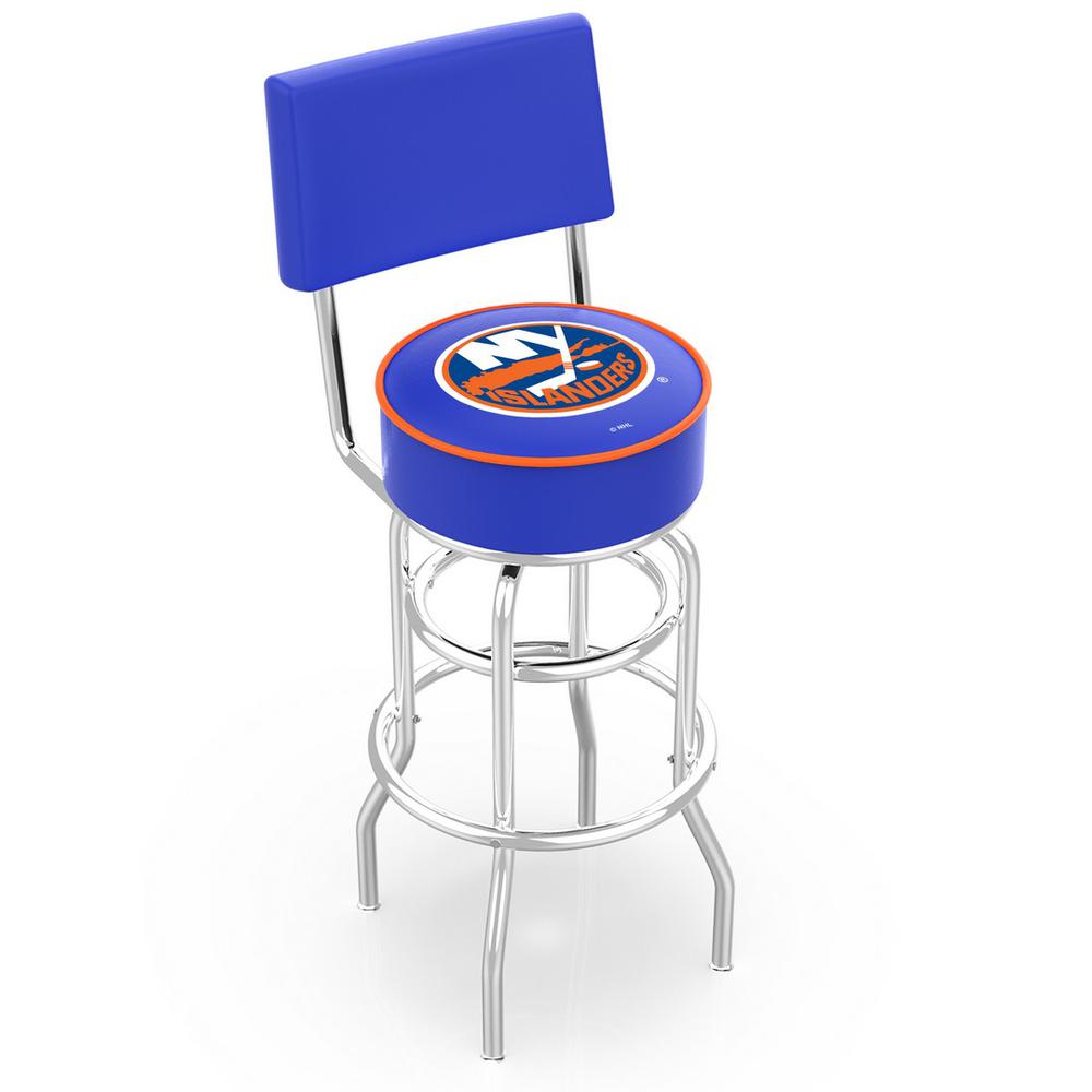 30" L7C4 - Chrome Double Ring New York Islanders Swivel Bar Stool with a Back by Holland Bar Stool Company. Picture 1
