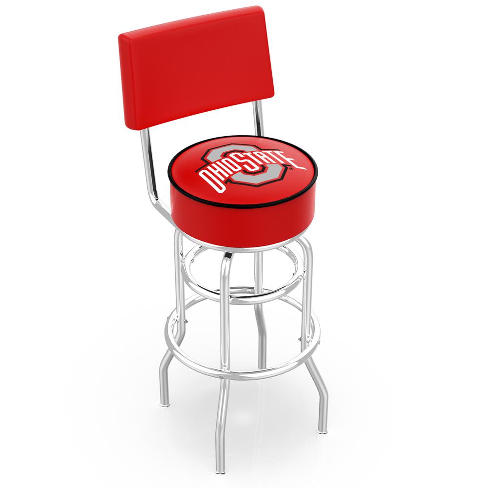 30" L7C4 - Chrome Double Ring Ohio State Swivel Bar Stool with a Back by Holland Bar Stool Company. Picture 1