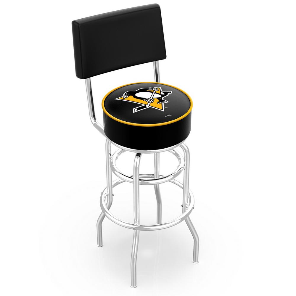 30" L7C4 - Chrome Double Ring Pittsburgh Penguins Swivel Bar Stool with a Back by Holland Bar Stool Company. Picture 1