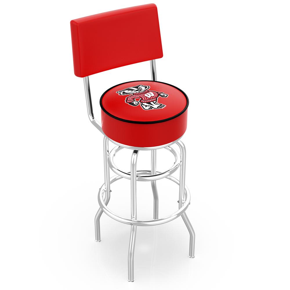 30" L7C4 - Chrome Double Ring Wisconsin "Badger" Swivel Bar Stool with a Back by Holland Bar Stool Company. Picture 1