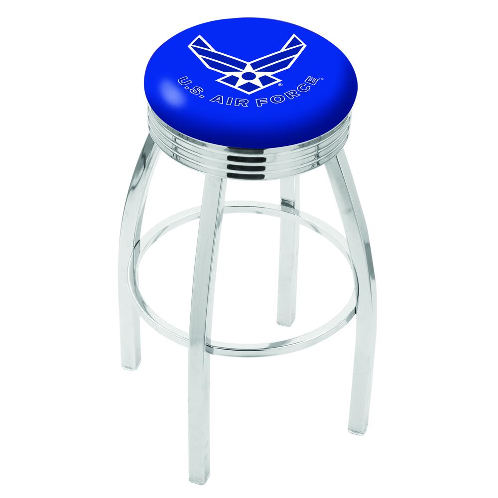 30" L8C3C - Chrome U.S. Air Force Swivel Bar Stool with 2.5" Ribbed Accent Ring by Holland Bar Stool Company. Picture 1