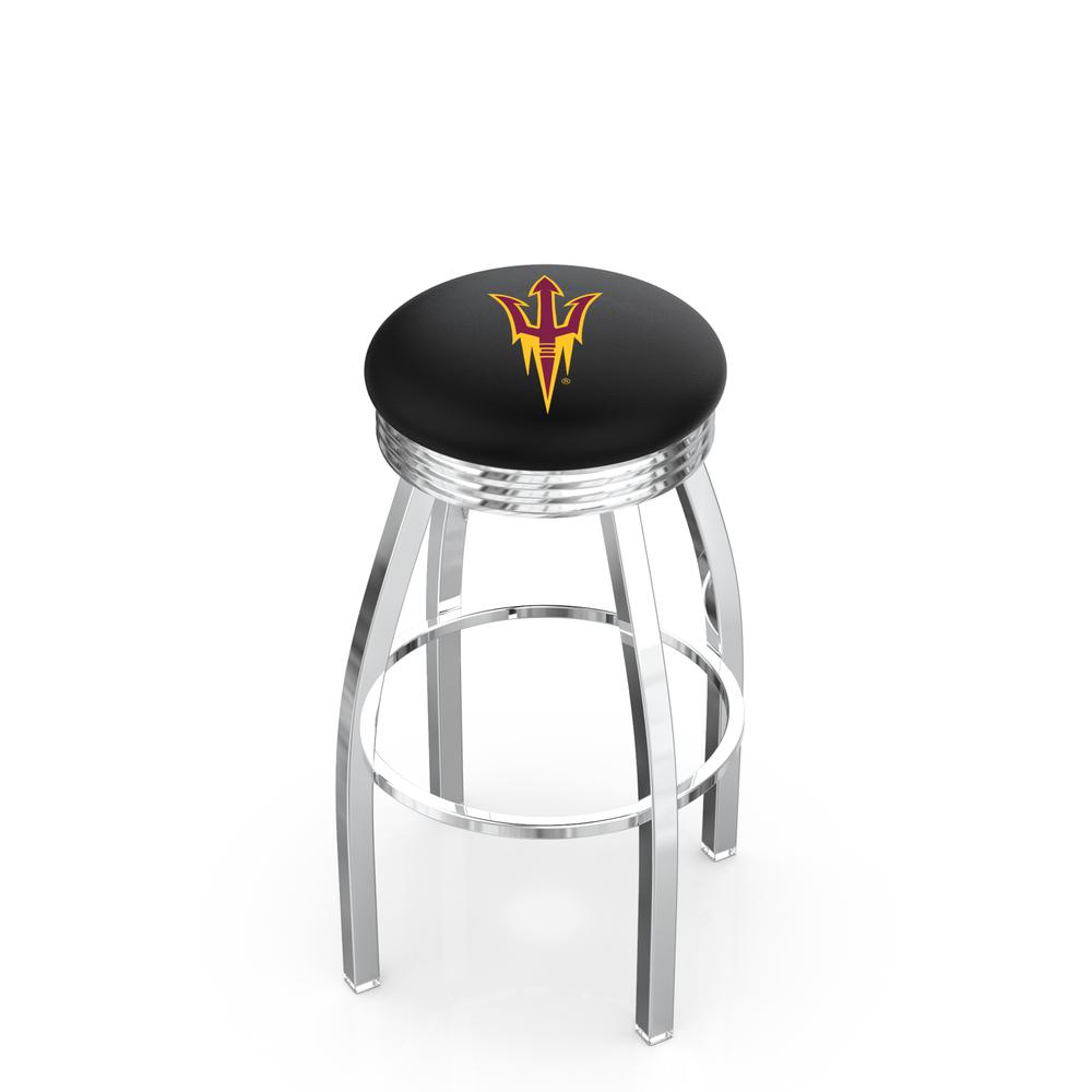 30" L8C3C - Chrome Arizona State Swivel Bar Stool with 2.5" Ribbed Accent Ring and Pitchfork Logo by Holland Bar Stool Company. The main picture.