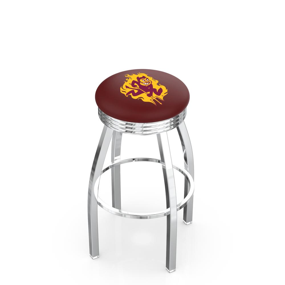 30" L8C3C - Chrome Arizona State Swivel Bar Stool with 2.5" Ribbed Accent Ring and Sparky Logo by Holland Bar Stool Company. Picture 1