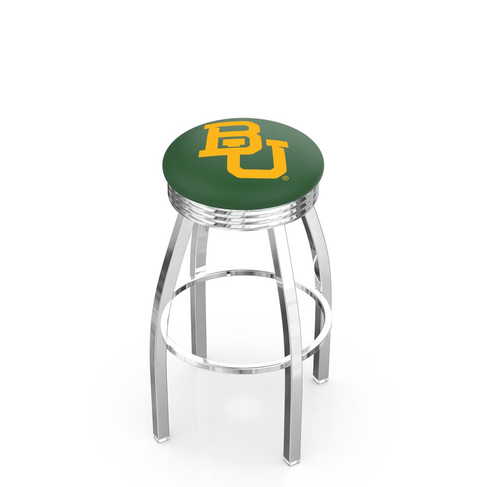 30" L8C3C - Chrome Baylor Swivel Bar Stool with 2.5" Ribbed Accent Ring by Holland Bar Stool Company. Picture 1