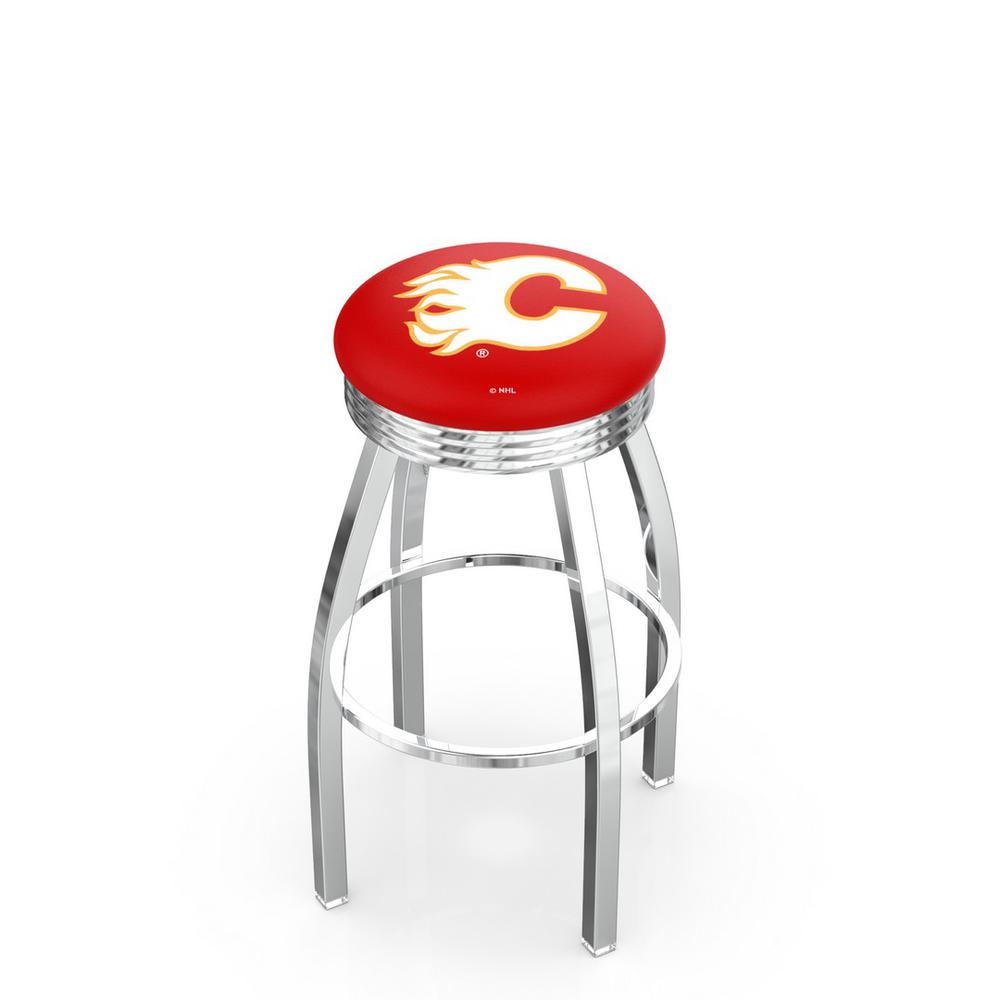 30" L8C3C - Chrome Calgary Flames Swivel Bar Stool with 2.5" Ribbed Accent Ring by Holland Bar Stool Company. Picture 1