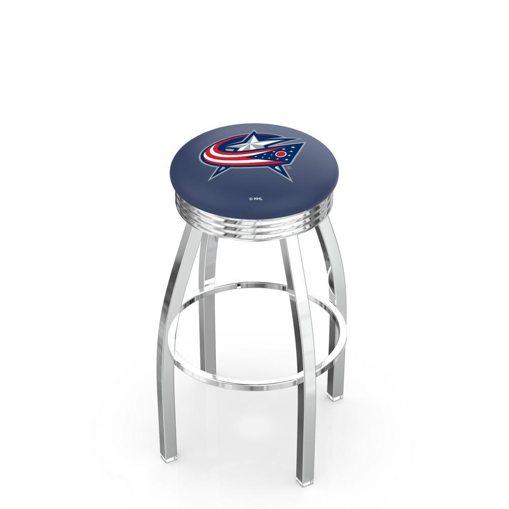 30" L8C3C - Chrome Columbus Blue Jackets Swivel Bar Stool with 2.5" Ribbed Accent Ring by Holland Bar Stool Company. Picture 1
