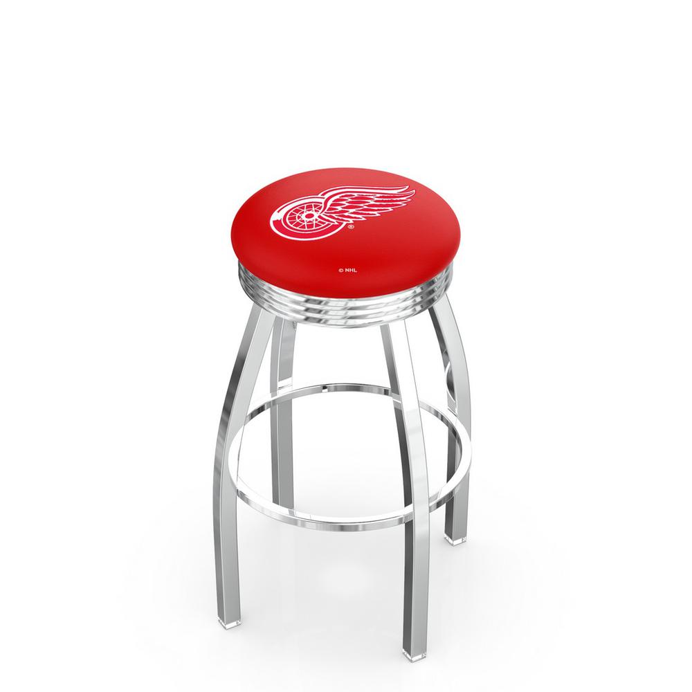 30" L8C3C - Chrome Detroit Red Wings Swivel Bar Stool with 2.5" Ribbed Accent Ring by Holland Bar Stool Company. Picture 1