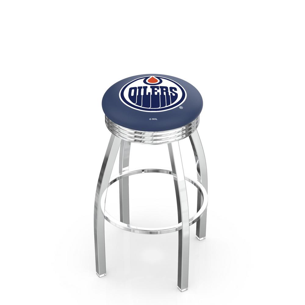 30" L8C3C - Chrome Edmonton Oilers Swivel Bar Stool with 2.5" Ribbed Accent Ring by Holland Bar Stool Company. Picture 1