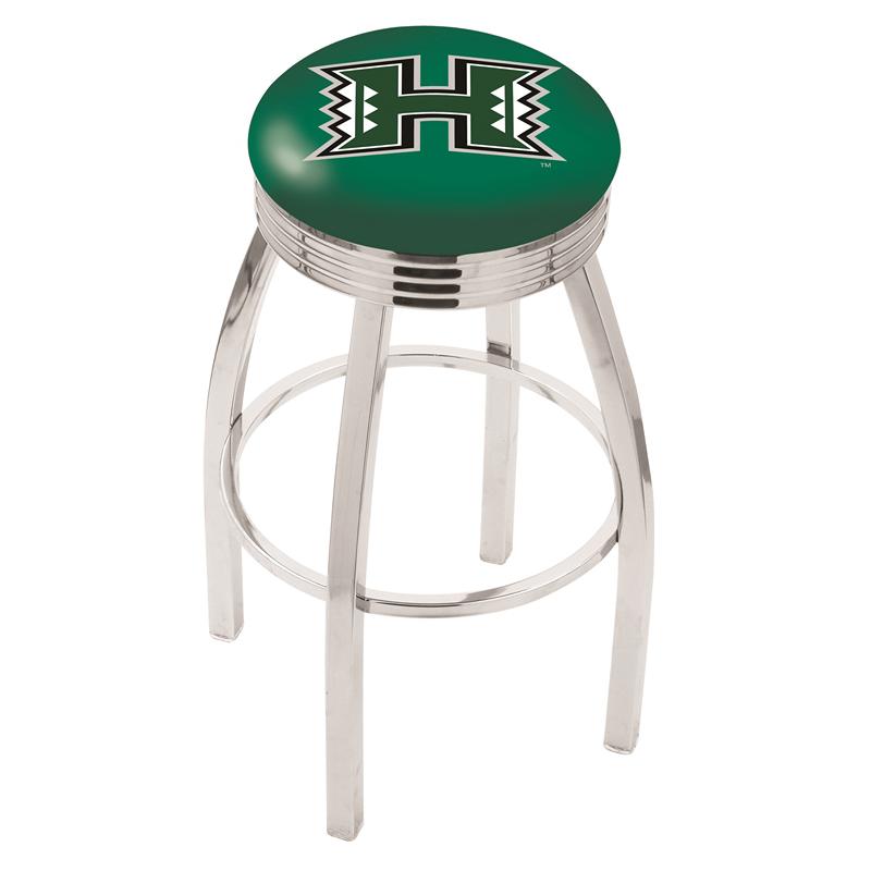 30" L8C3C - Chrome Hawaii Swivel Bar Stool with 2.5" Ribbed Accent Ring by Holland Bar Stool Company. Picture 1