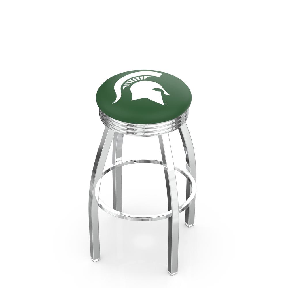 30" L8C3C - Chrome Michigan State Swivel Bar Stool with 2.5" Ribbed Accent Ring by Holland Bar Stool Company. Picture 1