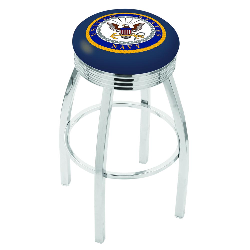 30" L8C3C - Chrome U.S. Navy Swivel Bar Stool with 2.5" Ribbed Accent Ring by Holland Bar Stool Company. Picture 1