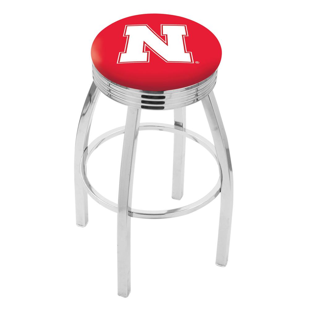 30" L8C3C - Chrome Nebraska Swivel Bar Stool with 2.5" Ribbed Accent Ring by Holland Bar Stool Company. Picture 1