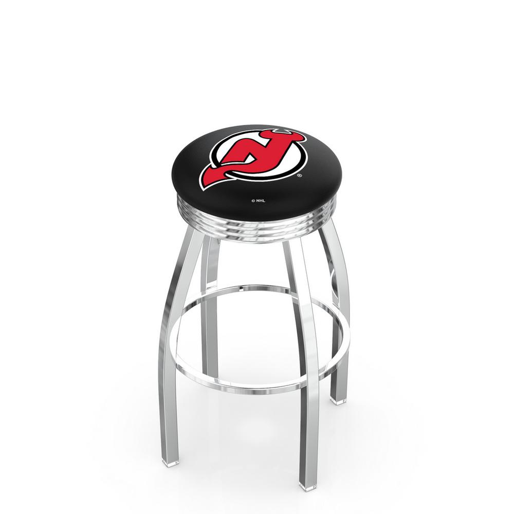 30" L8C3C - Chrome New Jersey Devils Swivel Bar Stool with 2.5" Ribbed Accent Ring by Holland Bar Stool Company. Picture 1