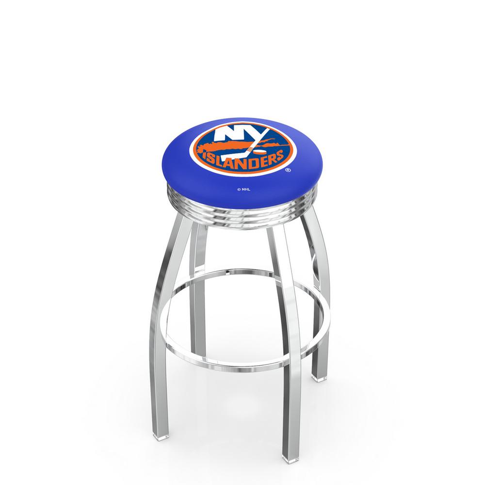 30" L8C3C - Chrome New York Islanders Swivel Bar Stool with 2.5" Ribbed Accent Ring by Holland Bar Stool Company. Picture 1