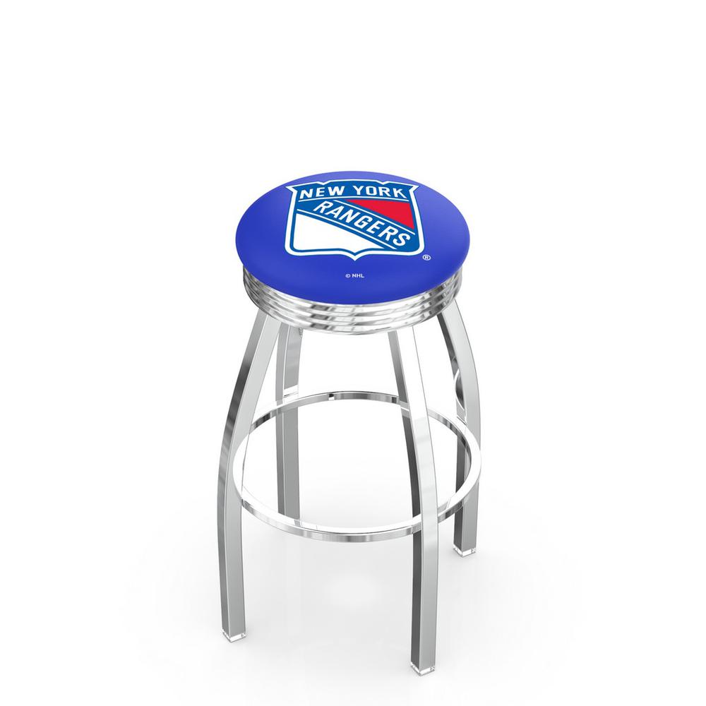 30" L8C3C - Chrome New York Rangers Swivel Bar Stool with 2.5" Ribbed Accent Ring by Holland Bar Stool Company. Picture 1