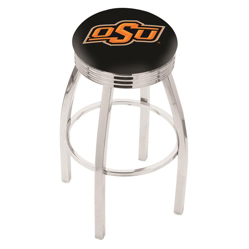 30" L8C3C - Chrome Oklahoma State Swivel Bar Stool with 2.5" Ribbed Accent Ring by Holland Bar Stool Company. Picture 1