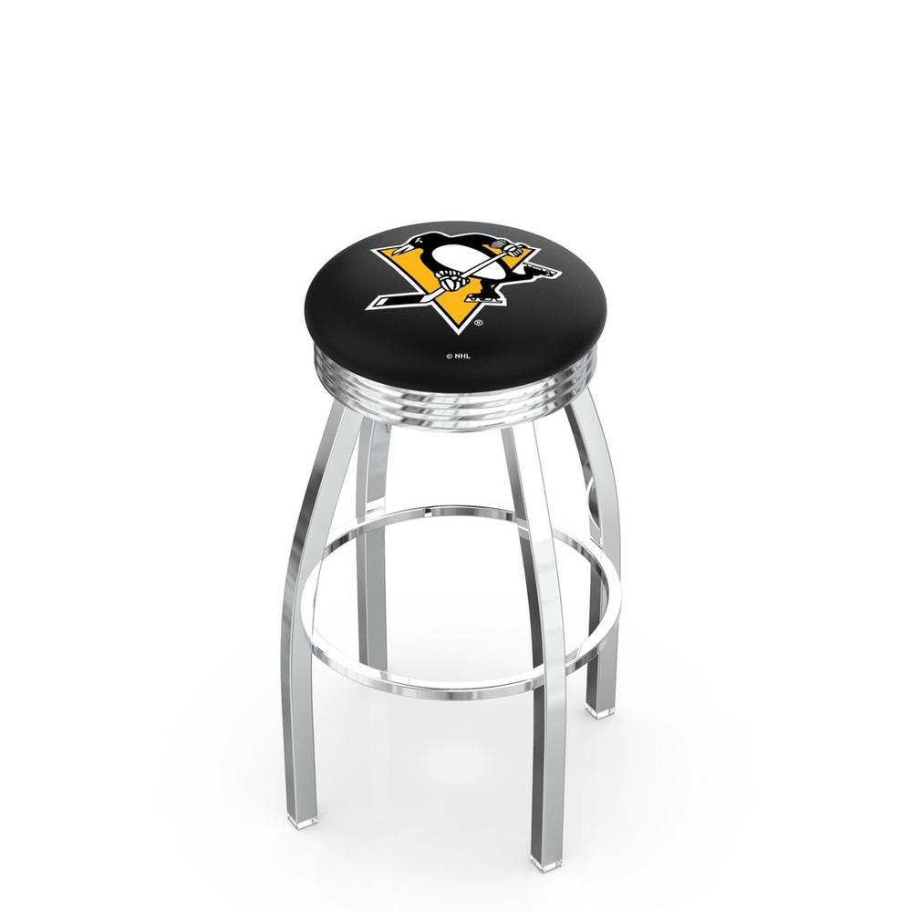 30" L8C3C - Chrome Pittsburgh Penguins Swivel Bar Stool with 2.5" Ribbed Accent Ring by Holland Bar Stool Company. Picture 1