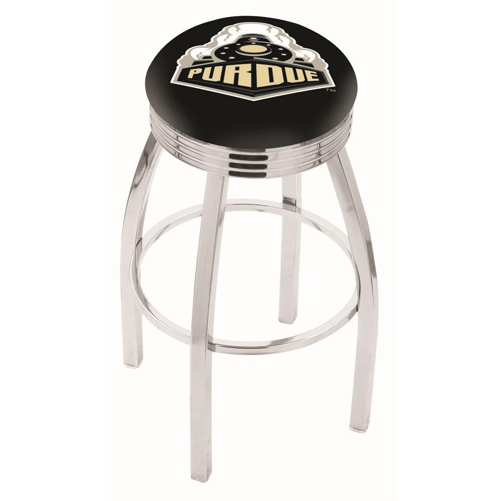 30" L8C3C - Chrome Purdue Swivel Bar Stool with 2.5" Ribbed Accent Ring by Holland Bar Stool Company. Picture 1