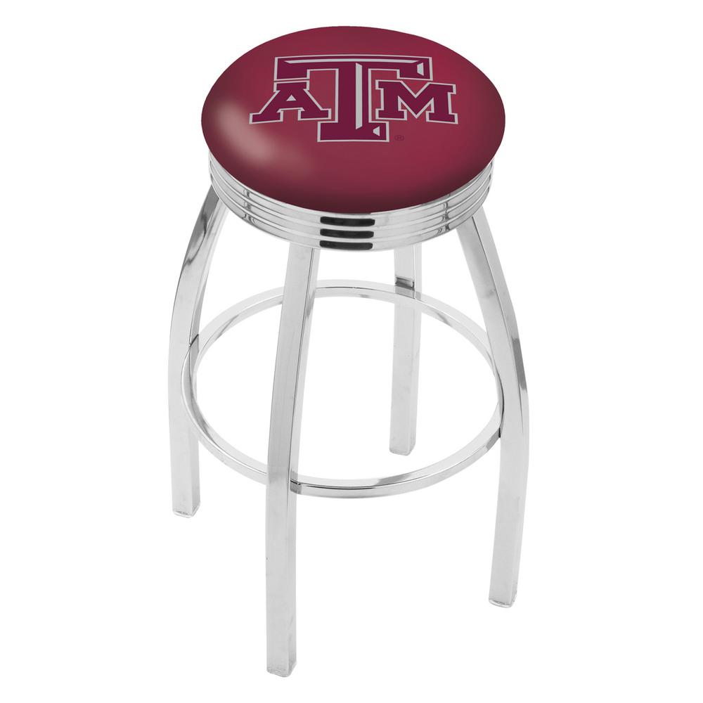 30" L8C3C - Chrome Texas A&M Swivel Bar Stool with 2.5" Ribbed Accent Ring by Holland Bar Stool Company. Picture 1