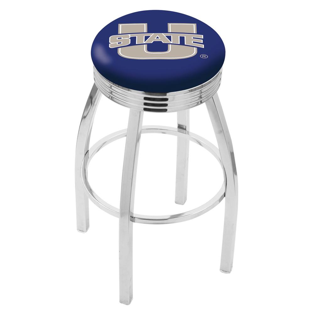 30" L8C3C - Chrome Utah State Swivel Bar Stool with 2.5" Ribbed Accent Ring by Holland Bar Stool Company. Picture 1