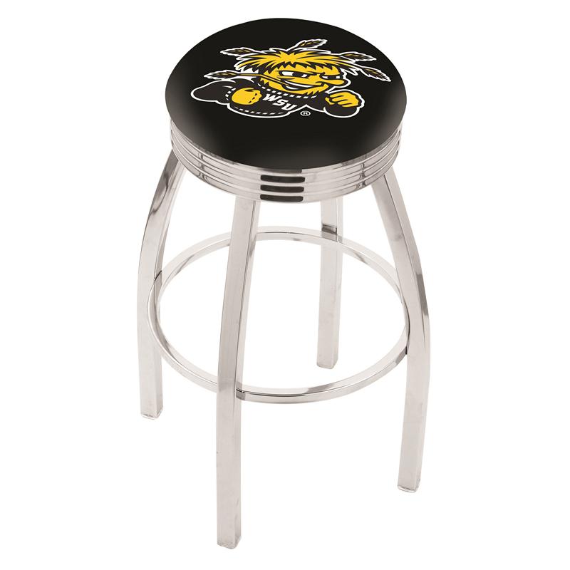 30" L8C3C - Chrome Wichita State Swivel Bar Stool with 2.5" Ribbed Accent Ring by Holland Bar Stool Company. Picture 1