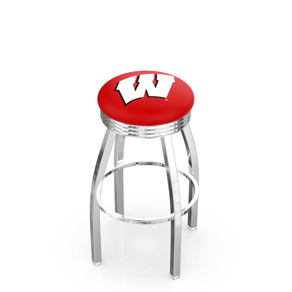30" L8C3C - Chrome Wisconsin "W" Swivel Bar Stool with 2.5" Ribbed Accent Ring by Holland Bar Stool Company. Picture 1