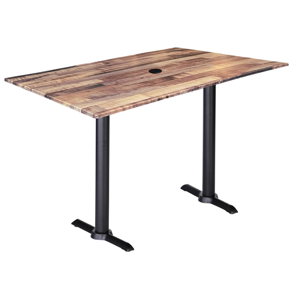 Two 42" Tall OD211EB Indoor/Outdoor All-Season Table Bases with a 30" x 48" Rustic Top with Umbrella Hole. Picture 1