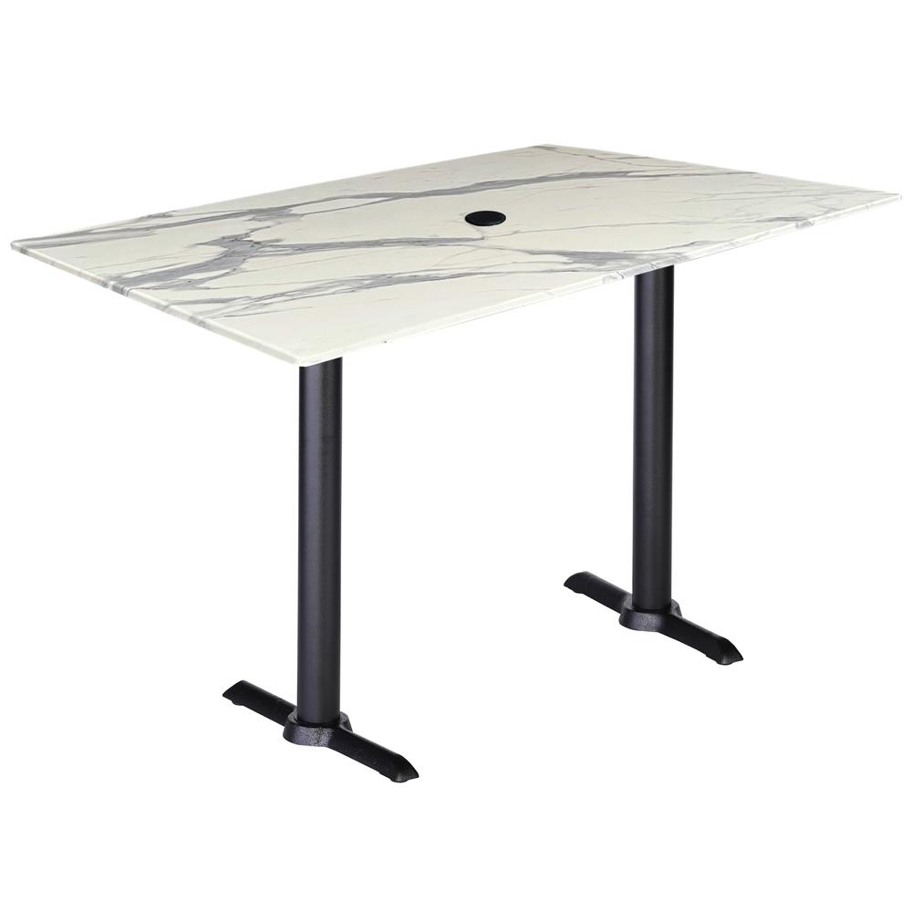 Two 42" Tall OD211EB Indoor/Outdoor All-Season Table Bases with a 30" x 48" White Marble Top with Umbrella Hole. Picture 1