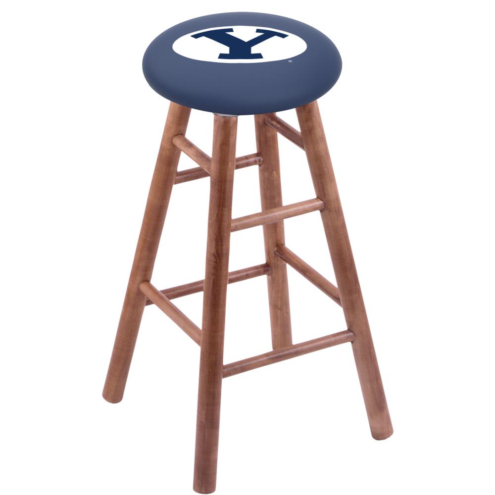 Maple Bar Stool in Medium Finish with Brigham Young Seat. Picture 1