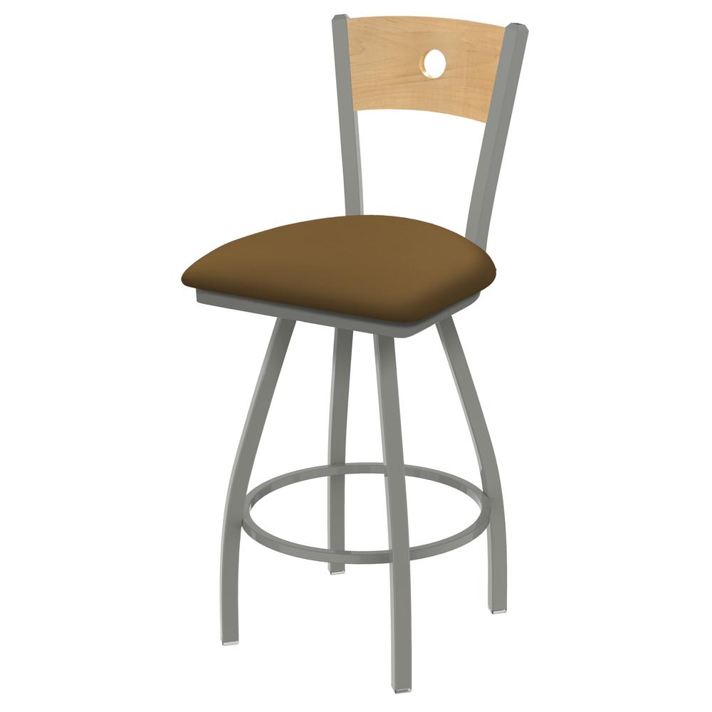 XL 830 Voltaire 30" Swivel Counter Stool with Anodized Nickel Finish, Natural Back, and Canter Saddle Seat. Picture 1