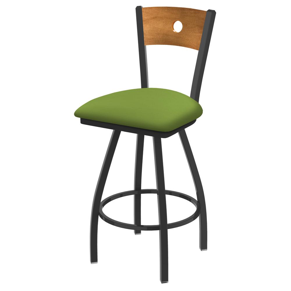 XL 830 Voltaire 25" Swivel Counter Stool with Pewter Finish, Medium Back, and Canter Kiwi Green Seat. Picture 1