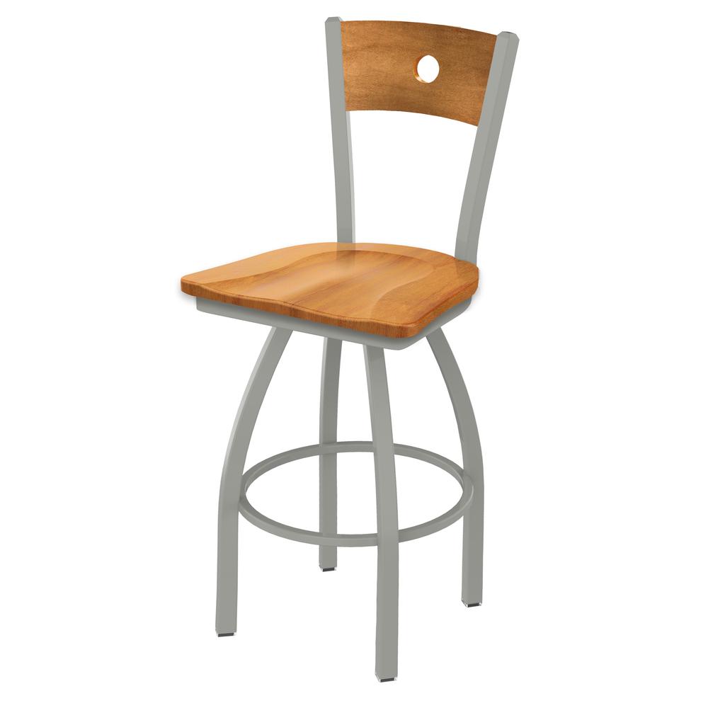 830 Voltaire 36" Swivel Counter Stool with Anodized Nickel Finish, Medium Back, and Medium Maple Seat. Picture 1