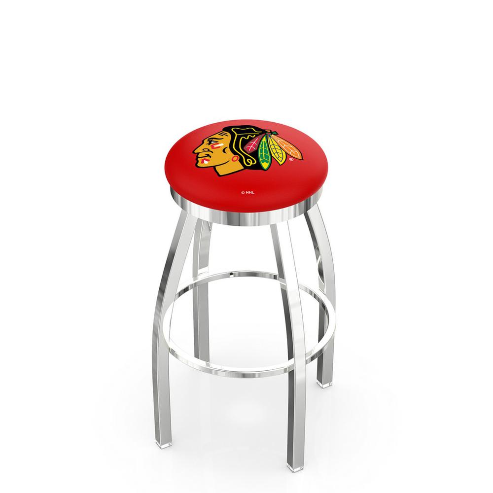 36" L8C2C - Chrome Chicago Blackhawks Swivel Bar Stool with Accent Ring by Holland Bar Stool Company. Picture 1