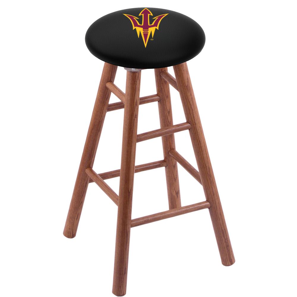 Oak Extra Tall Bar Stool in Medium Finish with Arizona State (Pitchfork) Seat. Picture 1