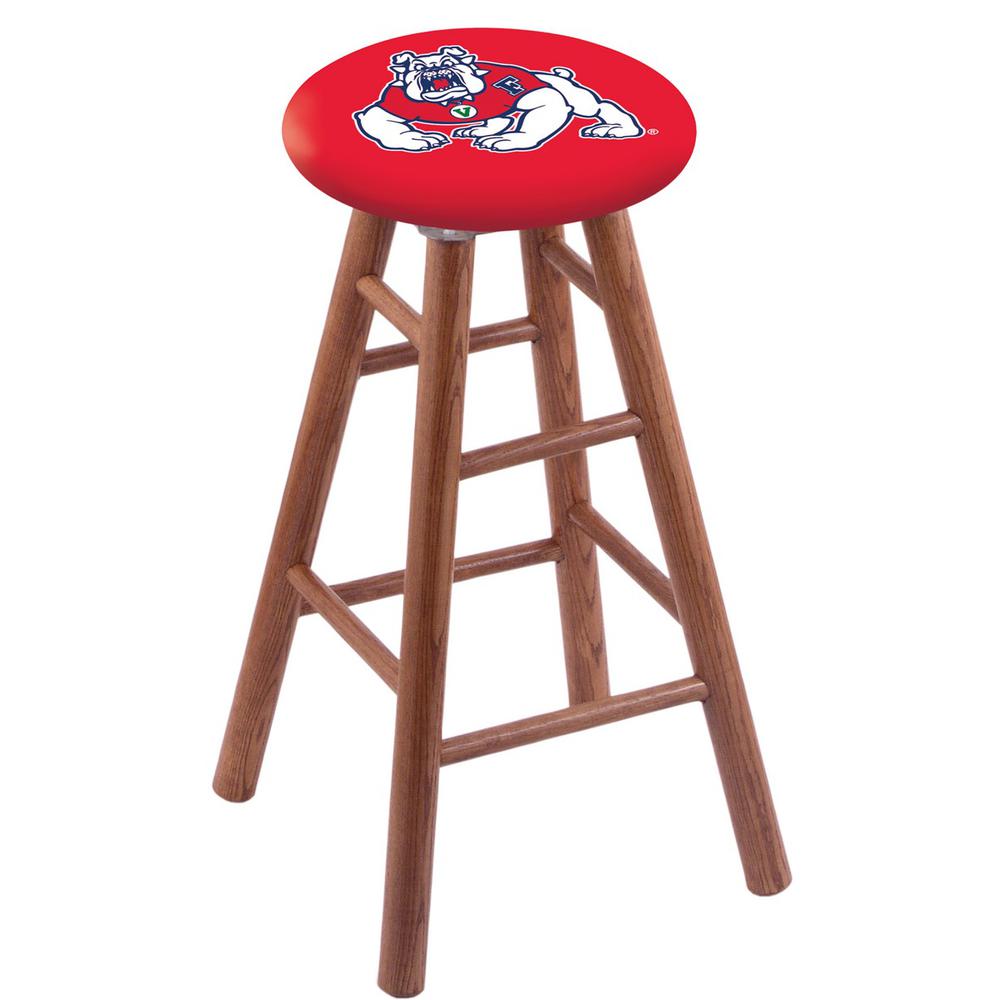 Oak Extra Tall Bar Stool in Medium Finish with Fresno State Seat. Picture 1