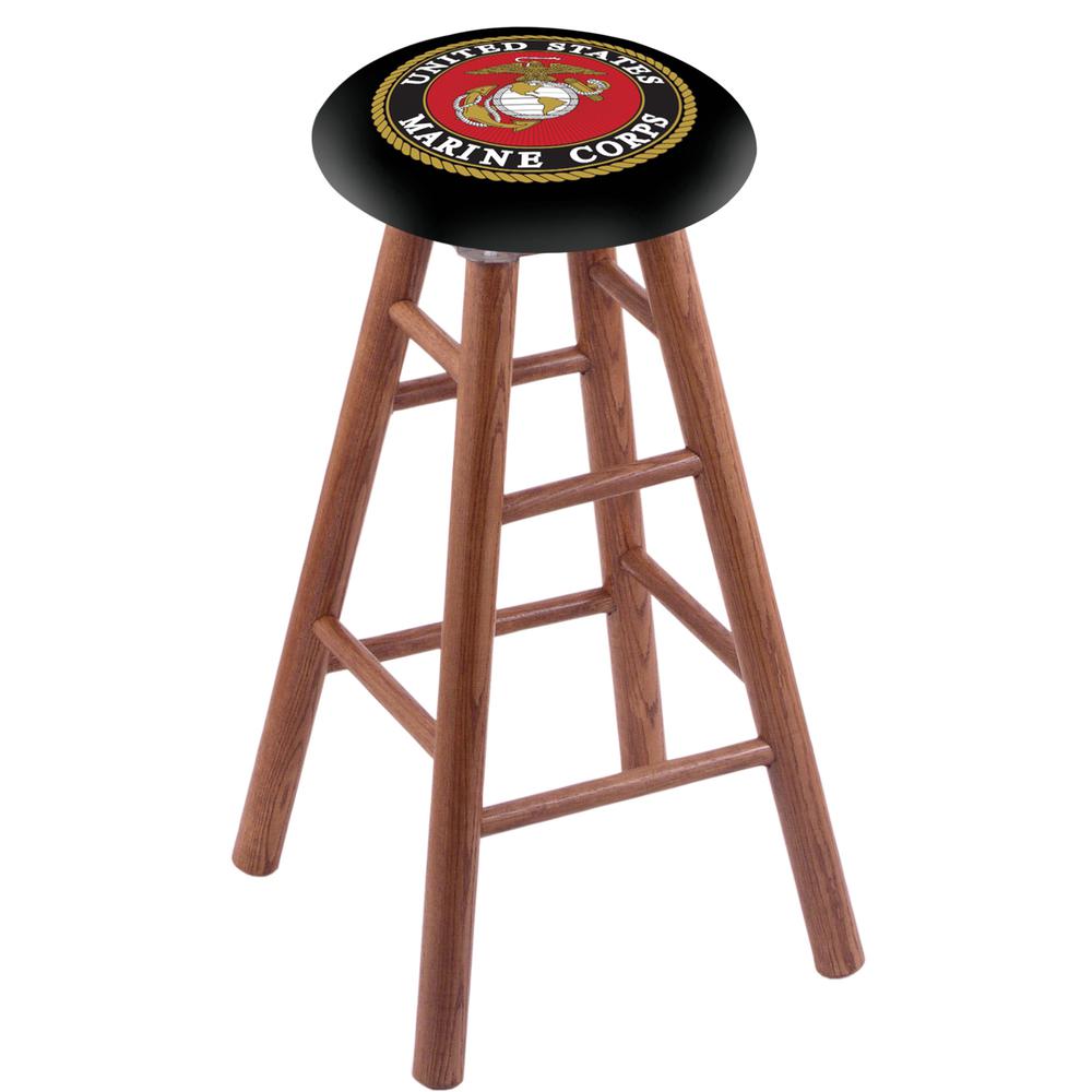 Oak Extra Tall Bar Stool in Medium Finish with U.S. Marines Seat. Picture 1