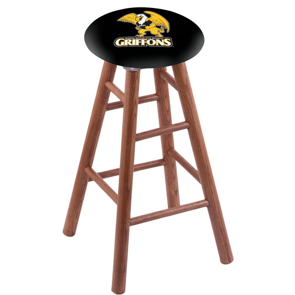 Oak Extra Tall Bar Stool in Medium Finish with Missouri Western State Seat. Picture 1
