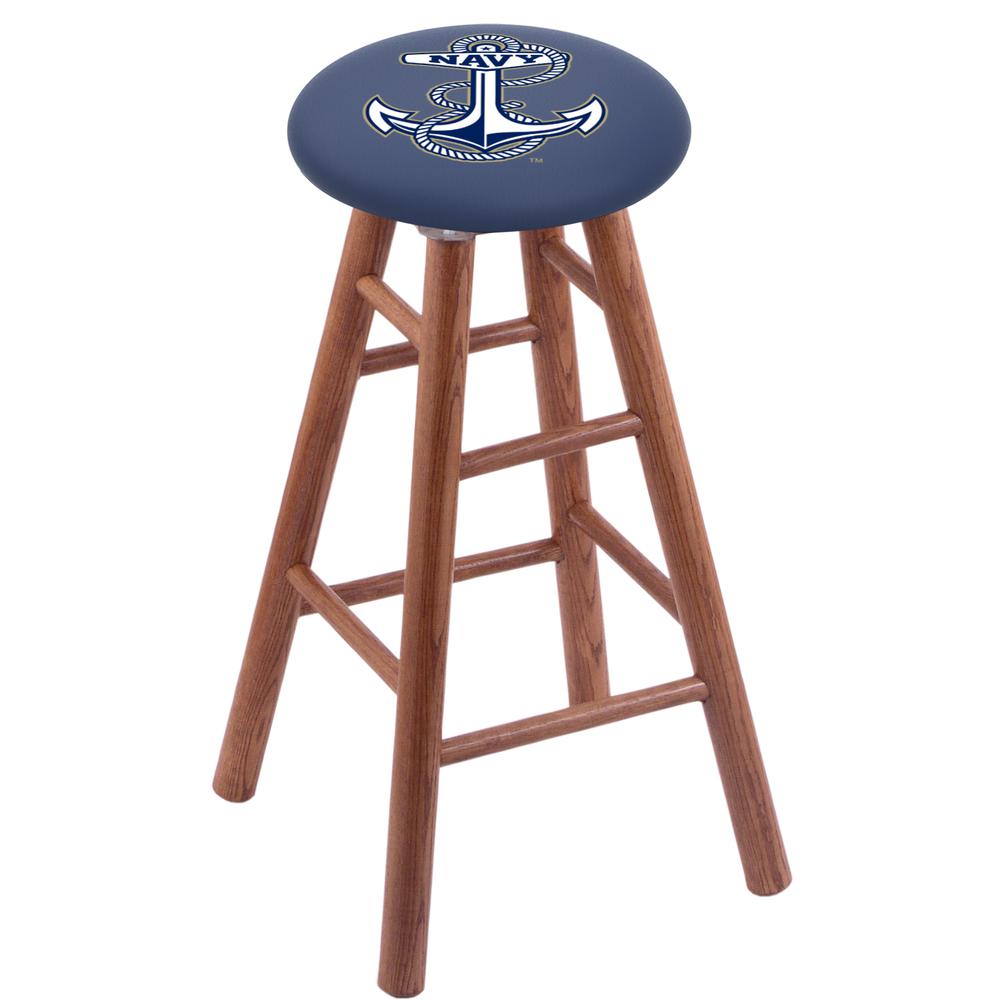 Oak Extra Tall Bar Stool in Medium Finish with US Naval Academy (NAVY) Seat. Picture 1