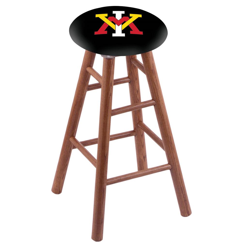 Oak Extra Tall Bar Stool in Medium Finish with Virginia Military Institute Seat. Picture 1