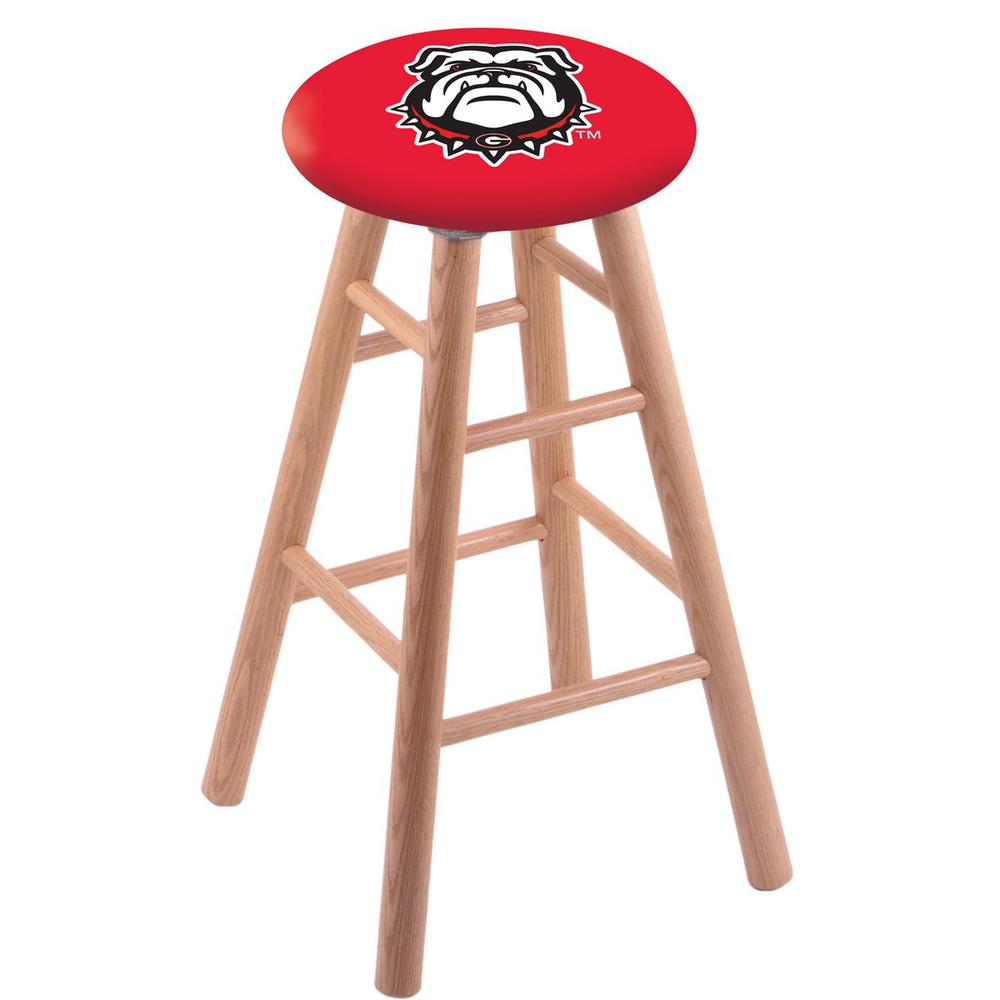 Oak Extra Tall Bar Stool in Natural Finish with Georgia "Bulldog" Seat. Picture 1