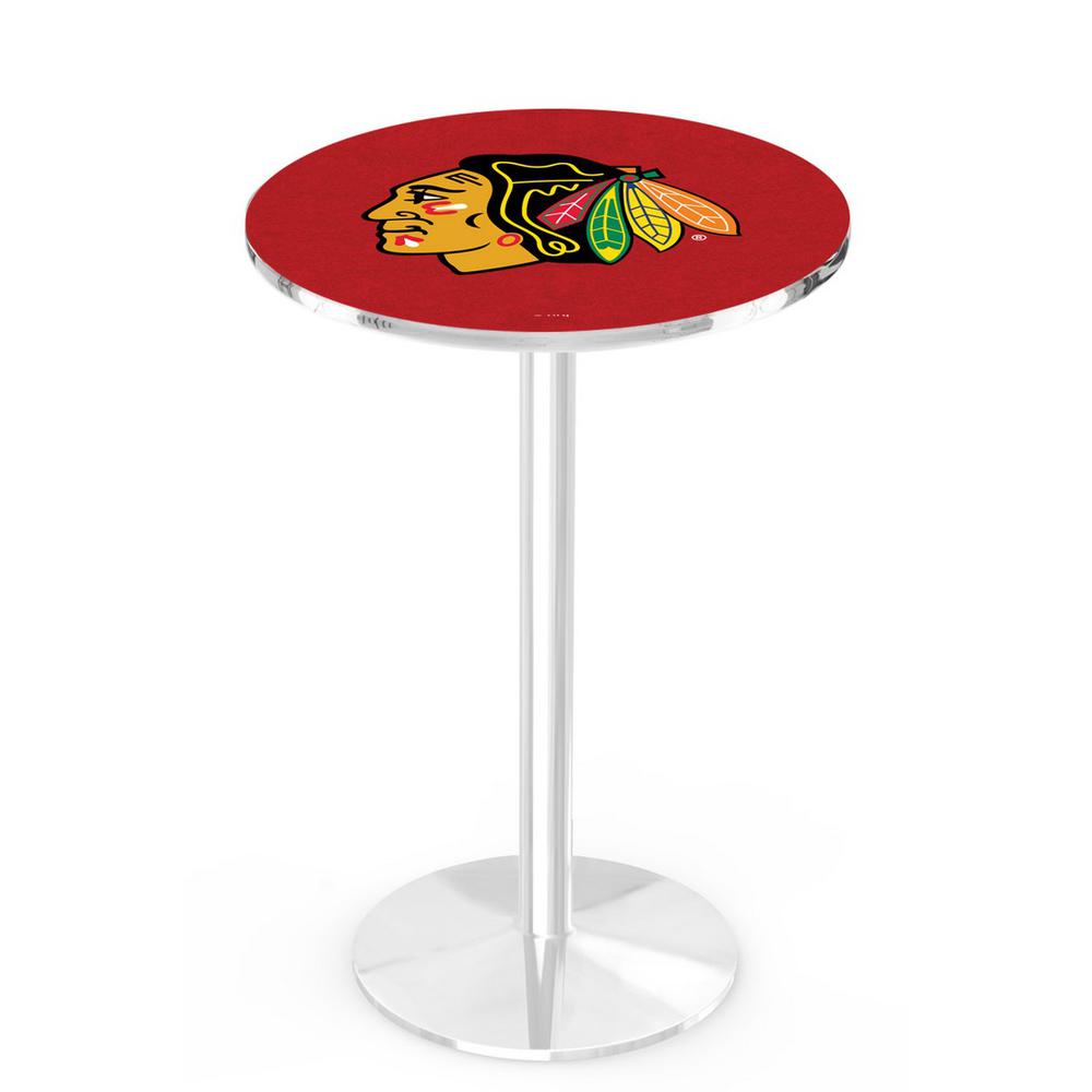 L214 Chicago Blackhawks (Red Background) 42' Tall - 36' Top Pub Table w/ Chrome Finish (2171). Picture 1