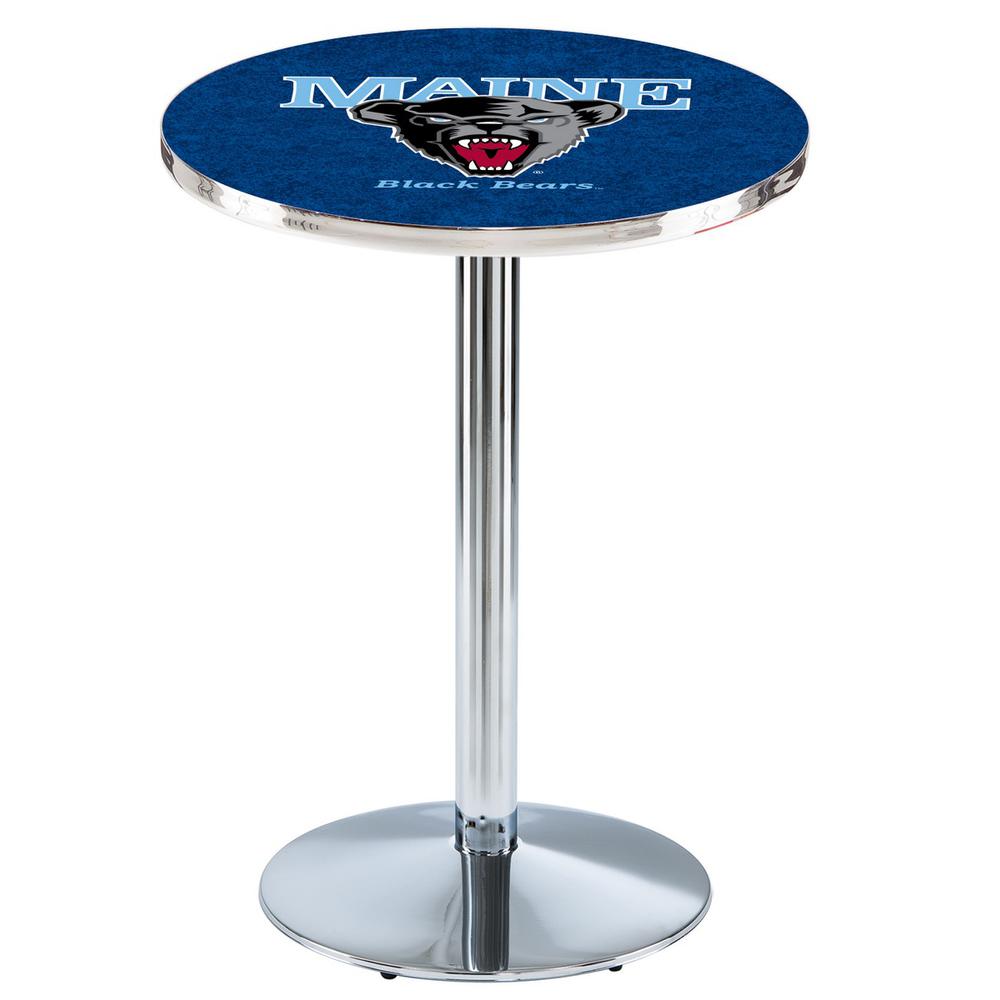 L214 University of Maine 42' Tall - 36' Top Pub Table w/ Chrome Finish. Picture 1