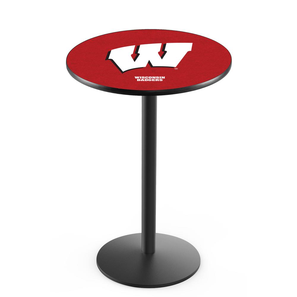 L214 University of Wisconsin (W)  42" Tall - 36" Top Pub Table with Black Wrinkle Finish. Picture 1