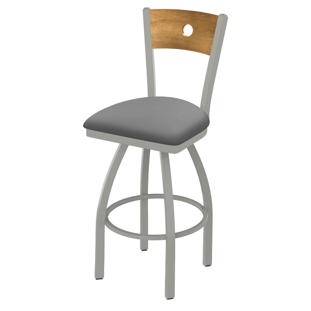 830 Voltaire 36" Swivel Counter Stool with Anodized Nickel Finish, Medium Back, and Canter Folkstone Grey Seat. Picture 1