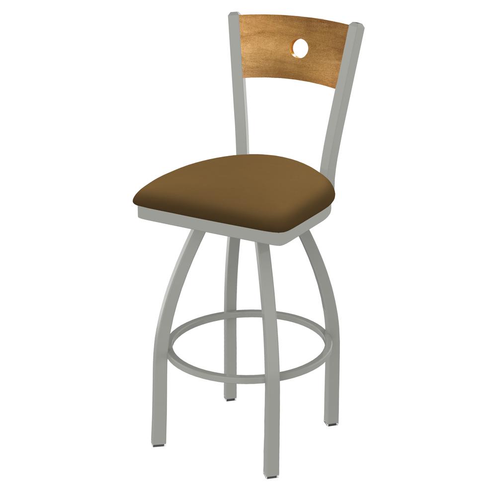 830 Voltaire 36" Swivel Counter Stool with Anodized Nickel Finish, Medium Back, and Canter Saddle Seat. Picture 1