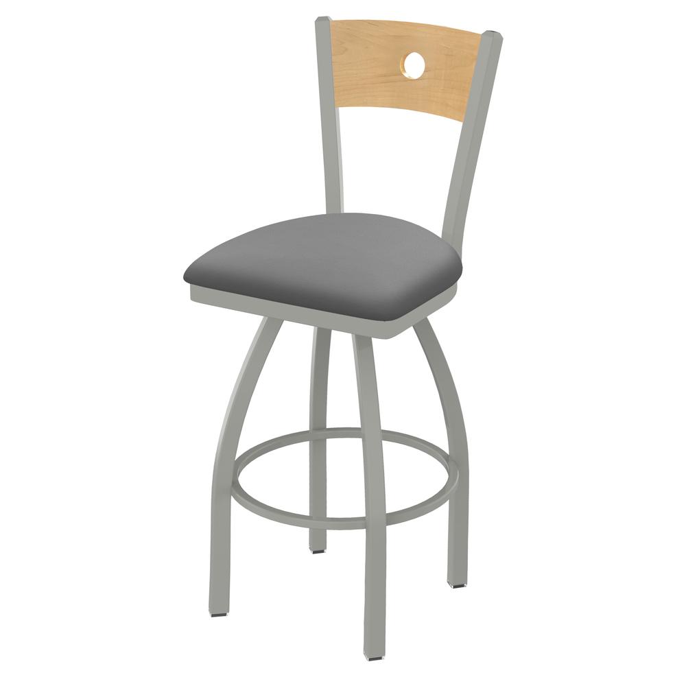 830 Voltaire 36" Swivel Counter Stool with Anodized Nickel Finish, Natural Back, and Canter Folkstone Grey Seat. Picture 1